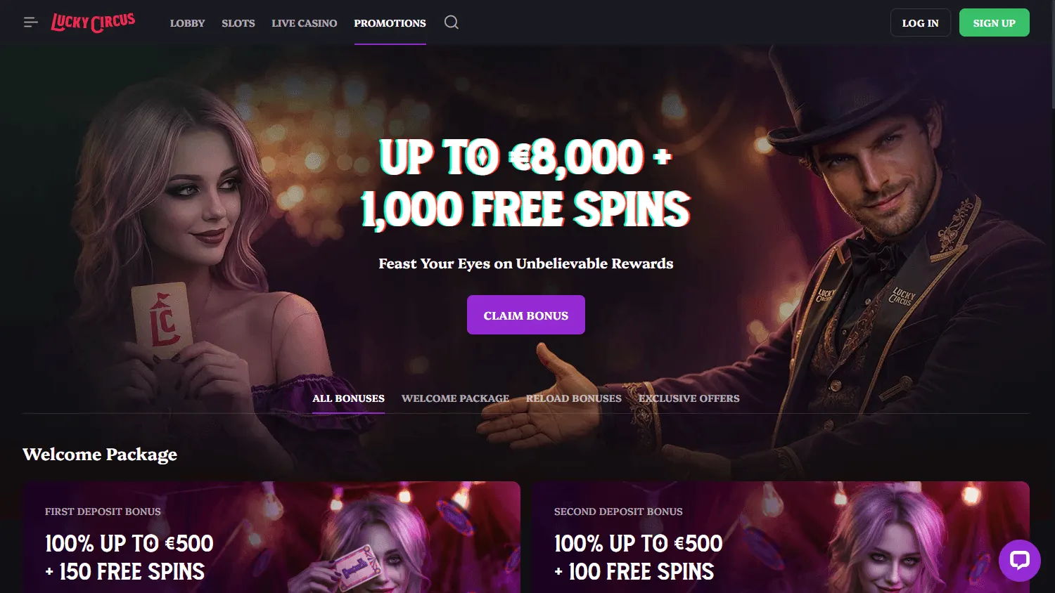 Lucky Circus Casino desktop promotions area