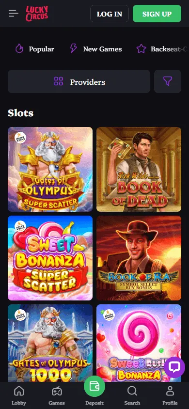 Lucky Circus Casino mobile games area