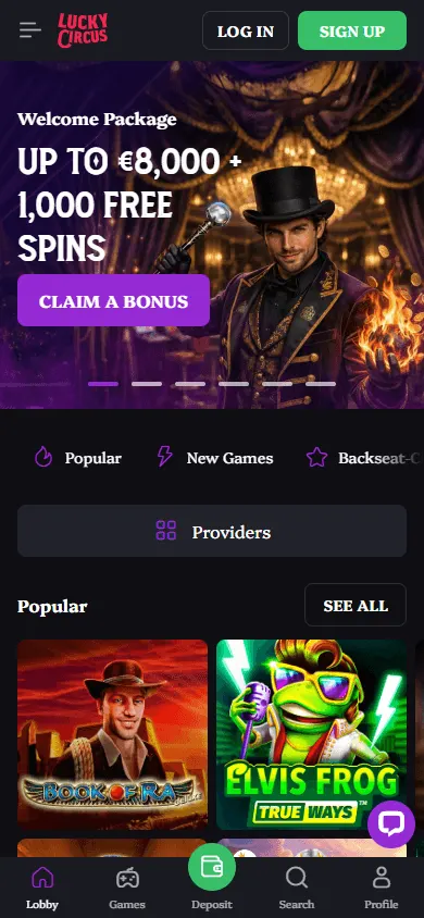 Lucky Circus Casino mobile homepage
