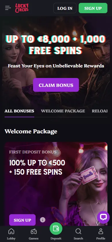 Lucky Circus Casino mobile promotions area